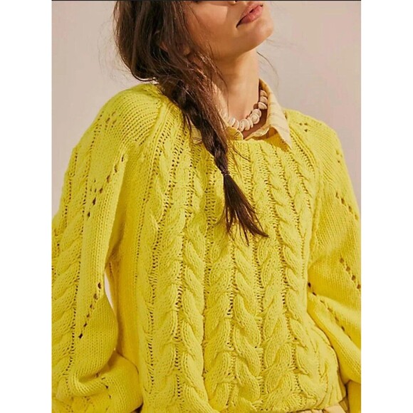 Free People Women Sweater Yellow Chunky Holiday Cotton BlendPreppy Boho M New - Picture 1 of 8